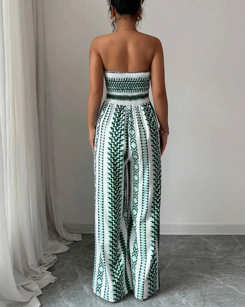 Geometric Print Bandeau Slit Wide Leg Sleeveless Jumpsuit