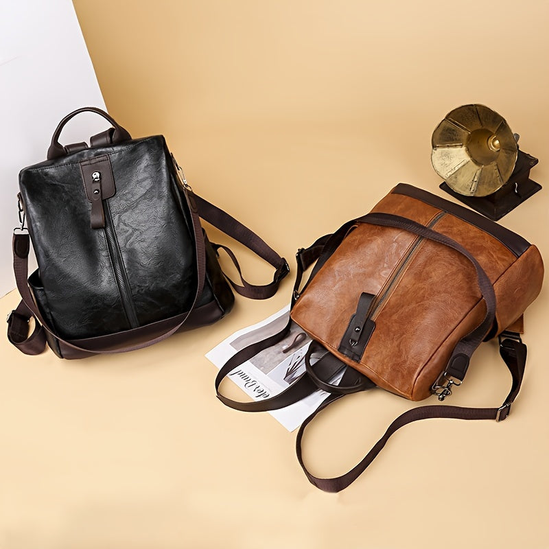 Brown Vegan Leather Anti-Theft Backpack