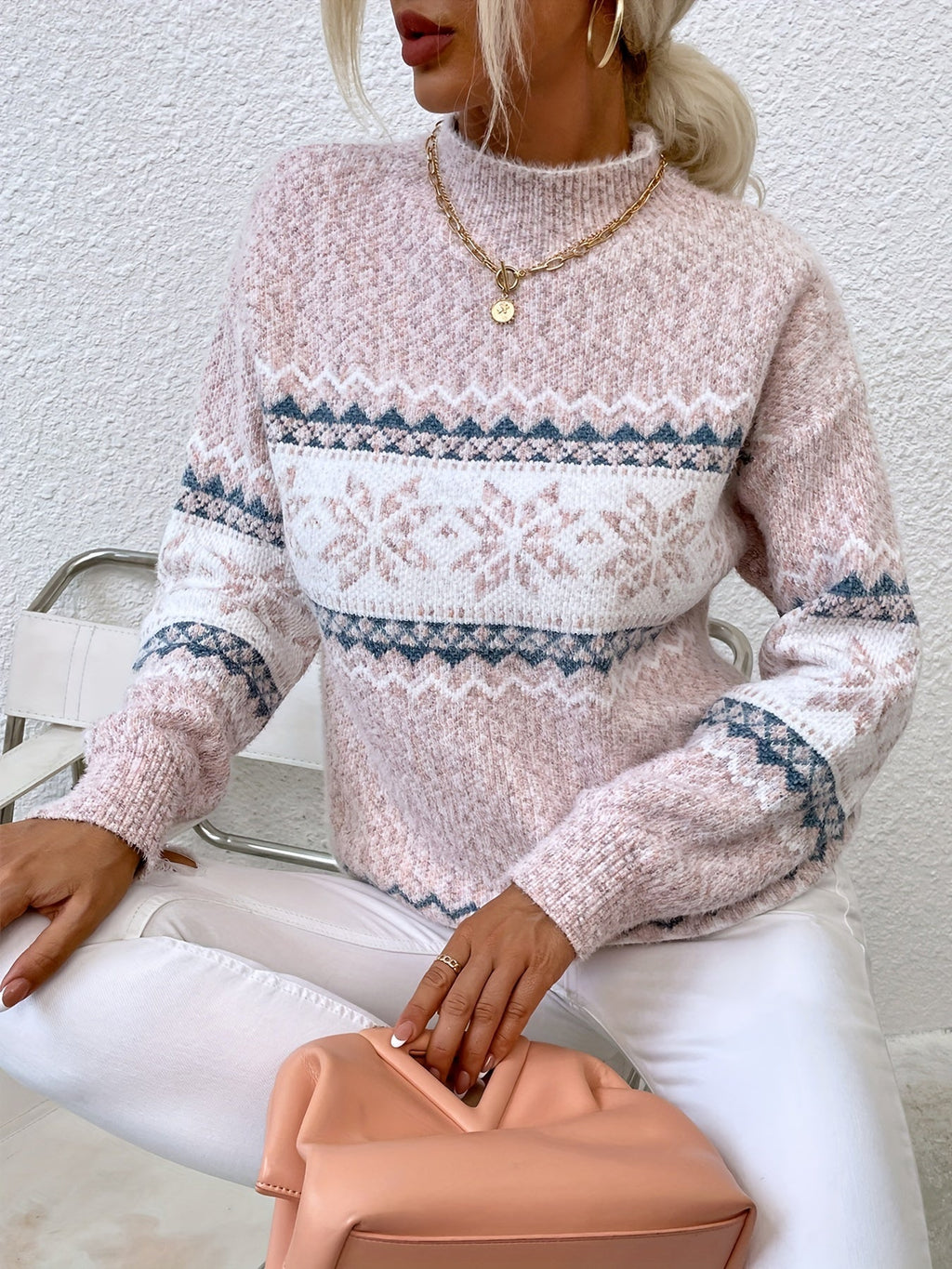Gray cozy snowflake mock-neck sweater