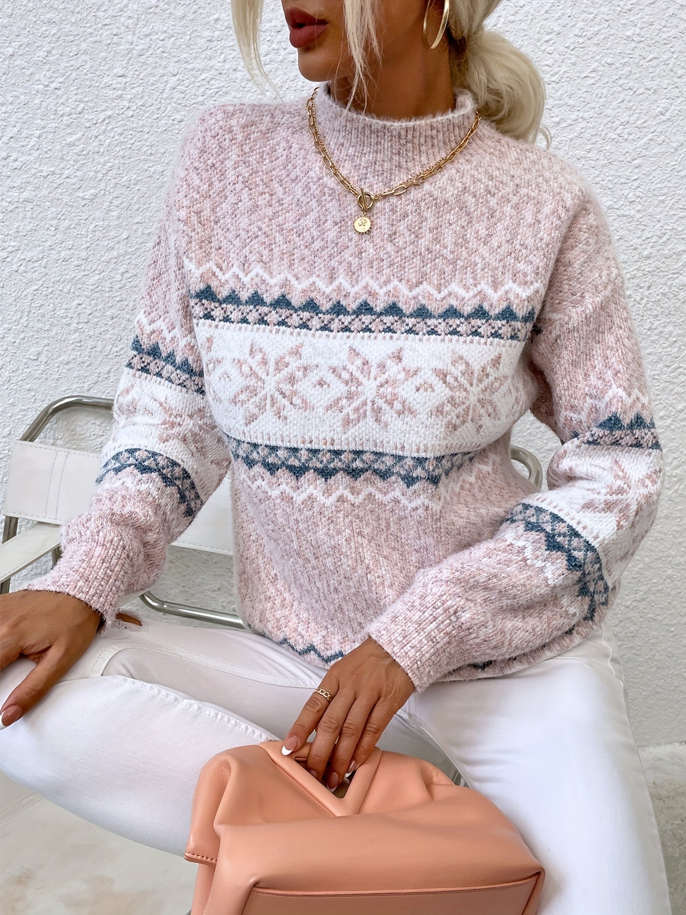 Gray cozy snowflake mock-neck sweater