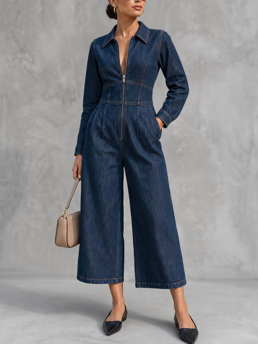 Navy Blue Cropped Denim-Blend Jumpsuit, front view