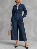 Navy Blue Cropped Denim-Blend Jumpsuit, front view