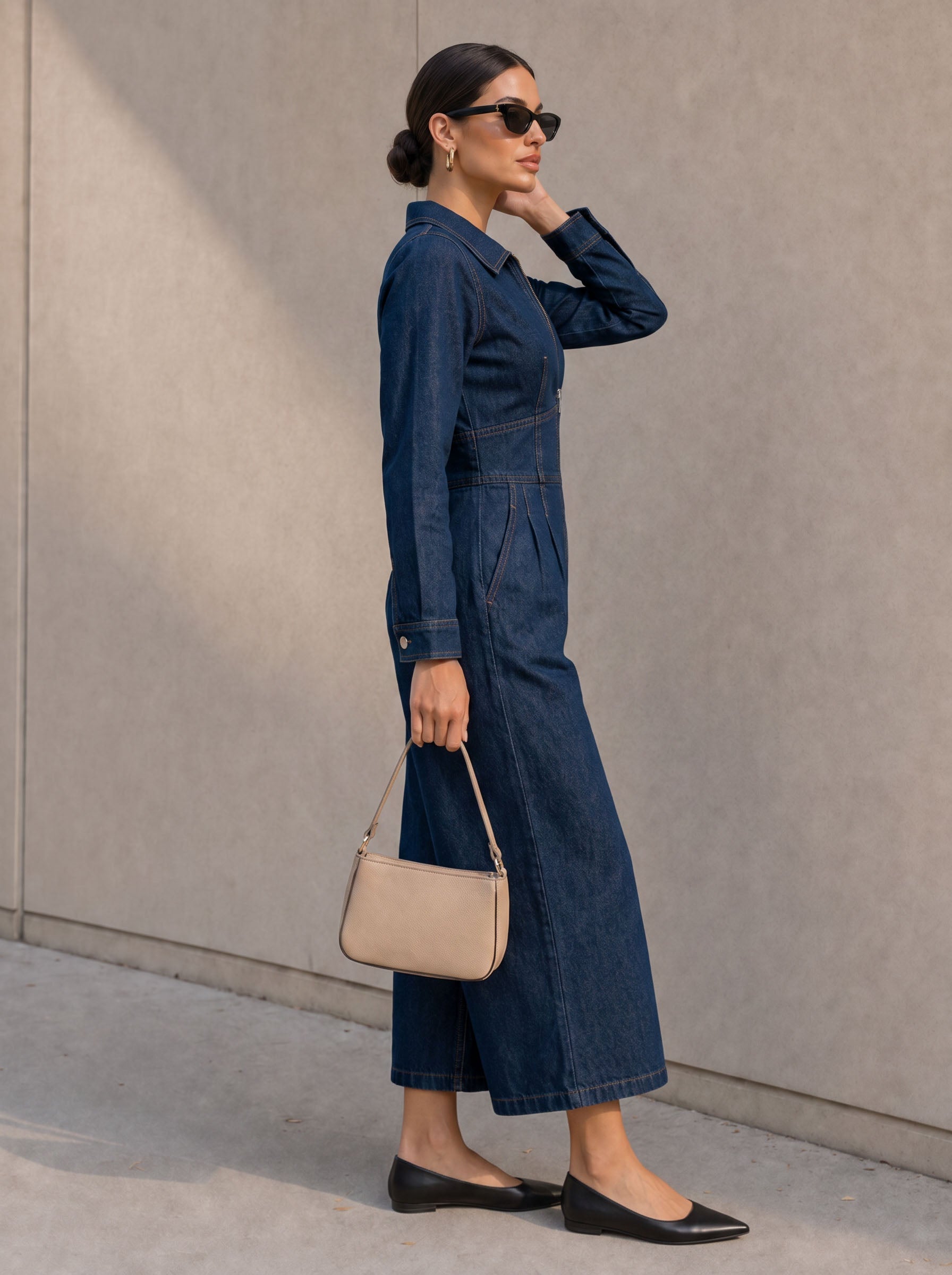 Navy Blue Cropped Denim-Blend Jumpsuit