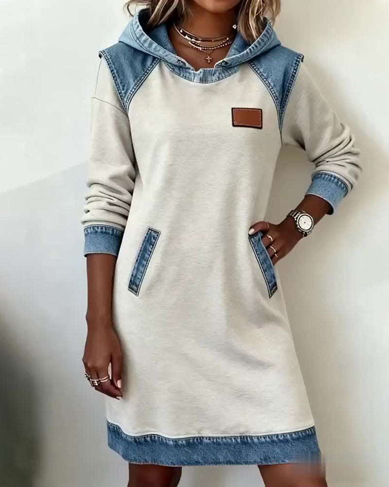 White Hooded Panelled Colour Block Dress, front view