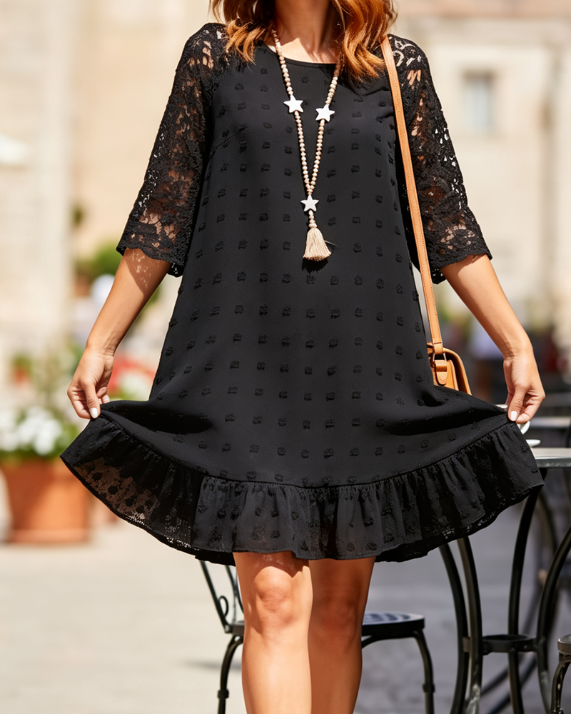 Black jacquard dress with lace sleeves, side view
