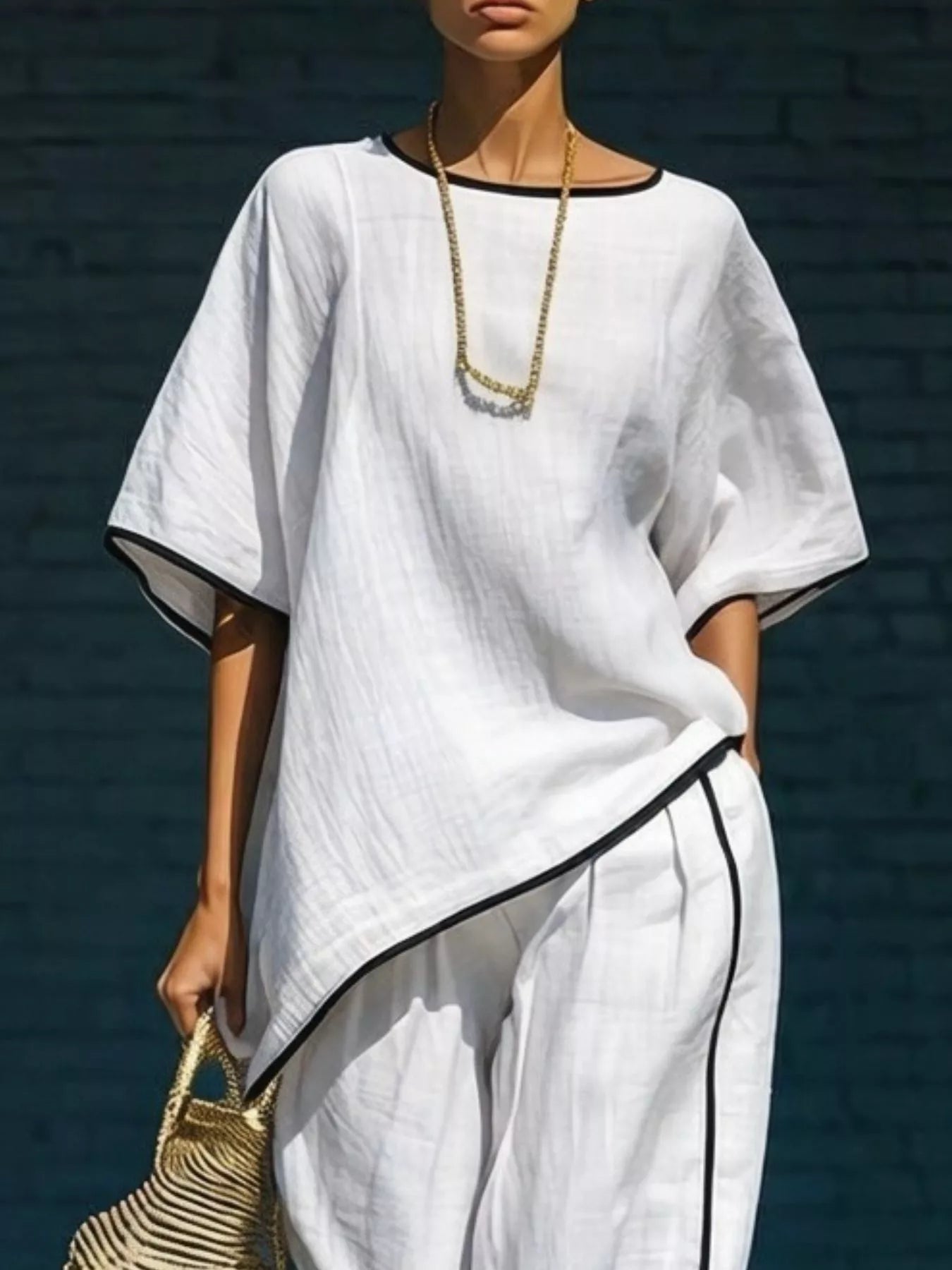 Contrast trim round neck top and trousers co-ord set