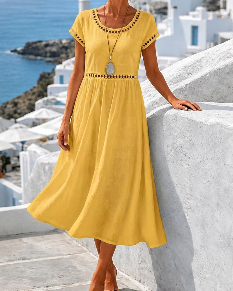 Yellow cutout waist crew neck A-line midi dress, front view