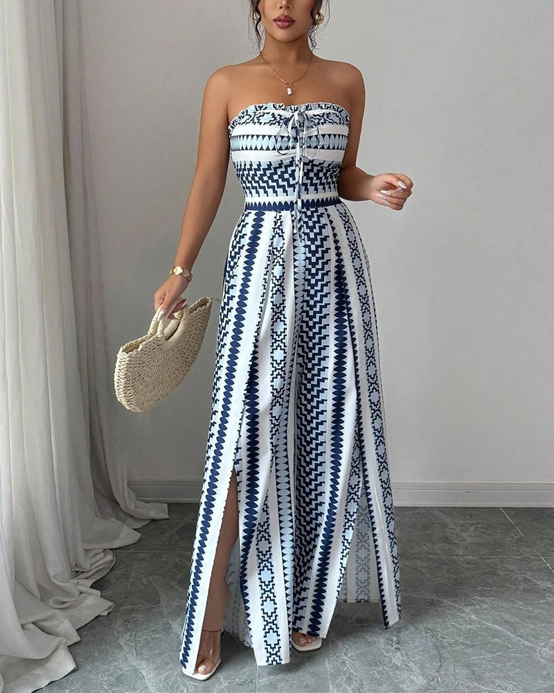 Green bandeau slit wide leg jumpsuit, back view