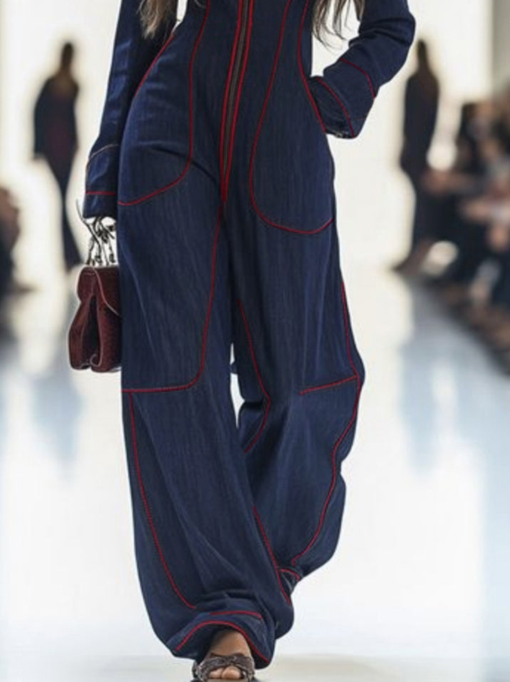 Denim Jumpsuit with Stand Collar