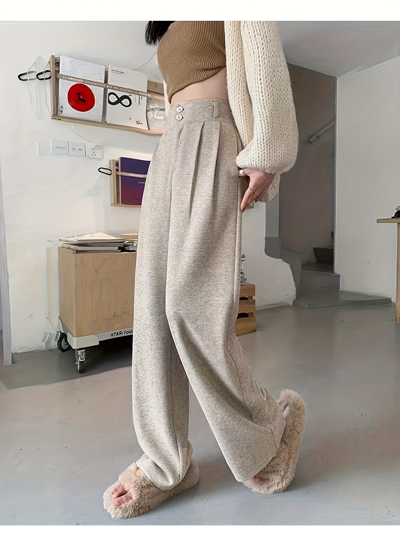 Khaki high-waisted wide-leg Pants