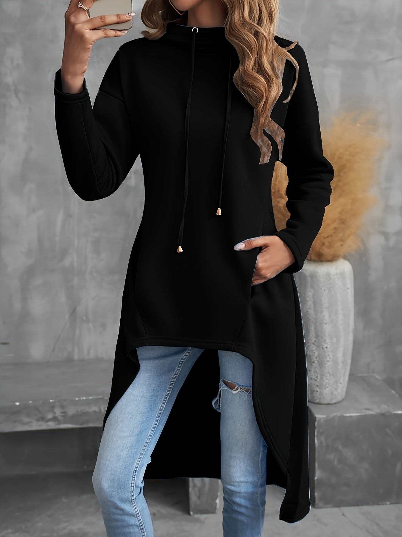 High-low drawstring hoodie