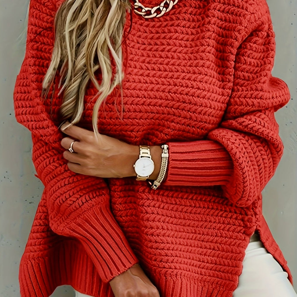 Red textured high-low sweater, front view