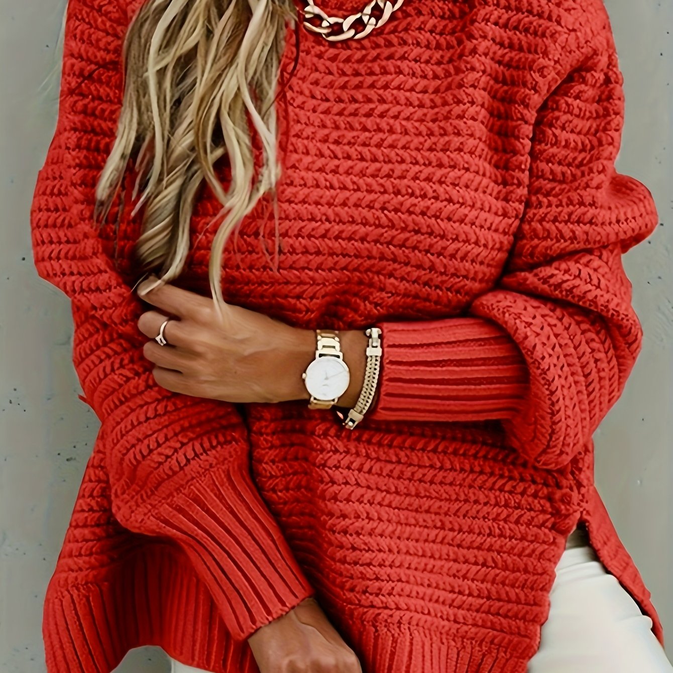 Red textured high-low sweater, front view