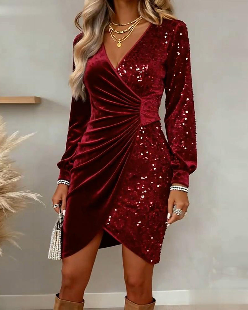 Red sequined velvet V-neck Formal Dress