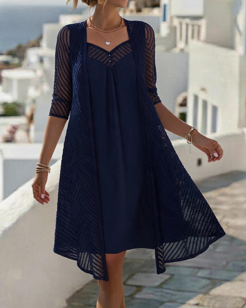 Navy blue hollow out V-neck half sleeve shift dress, front view