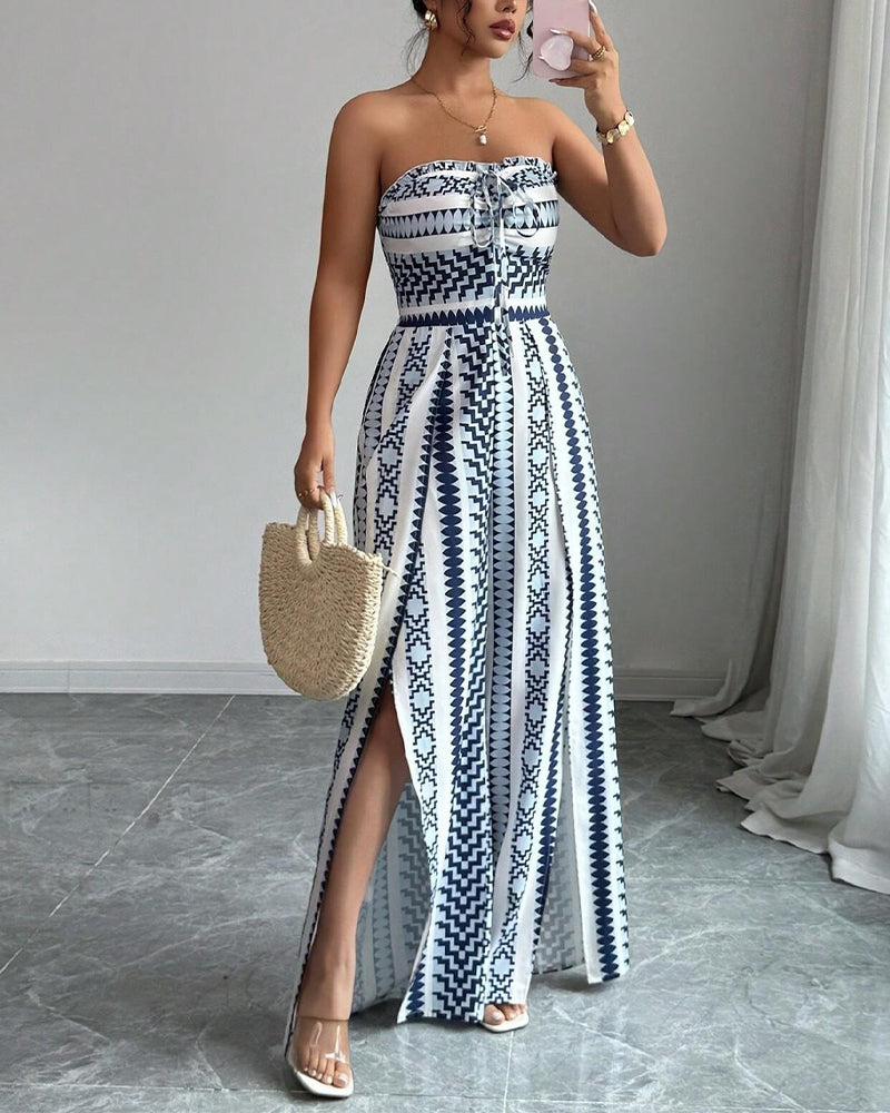 Green geometric print bandeau wide leg jumpsuit, front view