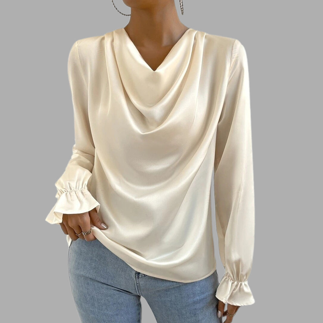 Apricot Cowl Neck Ruffled Cuff Satin Blouse