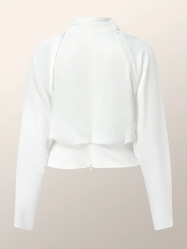 White Zip-Front V-Neck Blouse