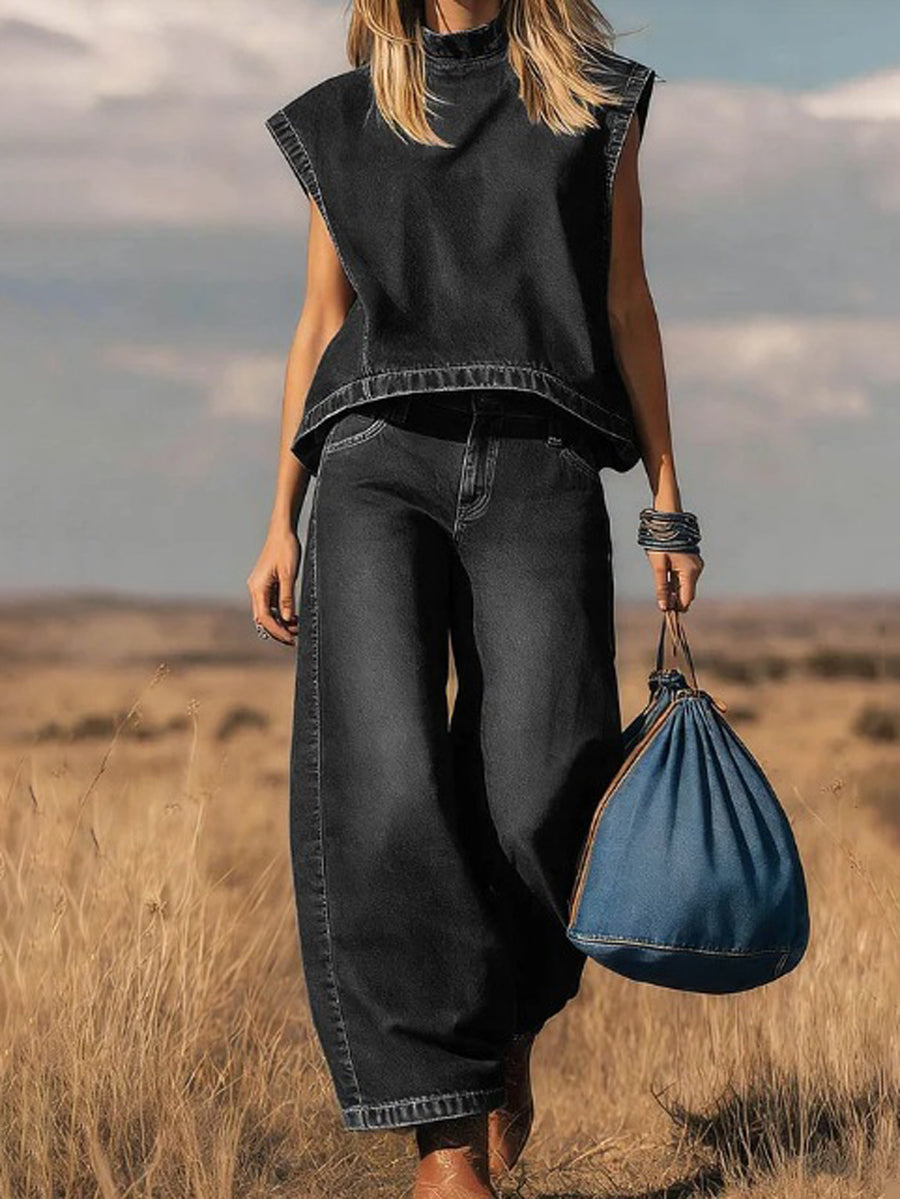 Black denim mock-neck vest top and wide-leg jeans co-ord set