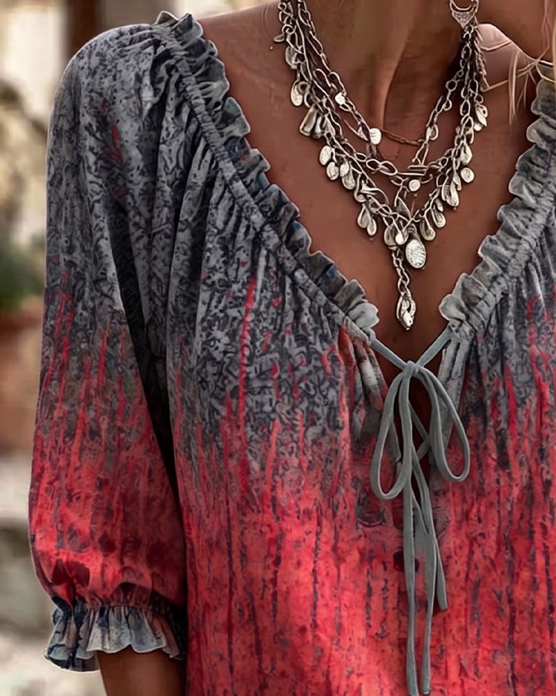 Red gradient tie-dye ruffle blouse, side view