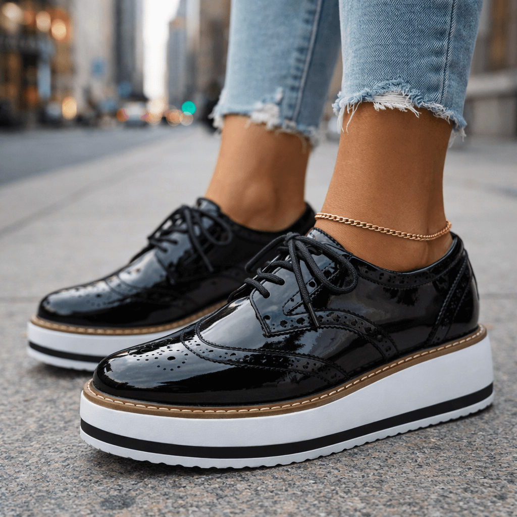 Black leather brogue platform Heels