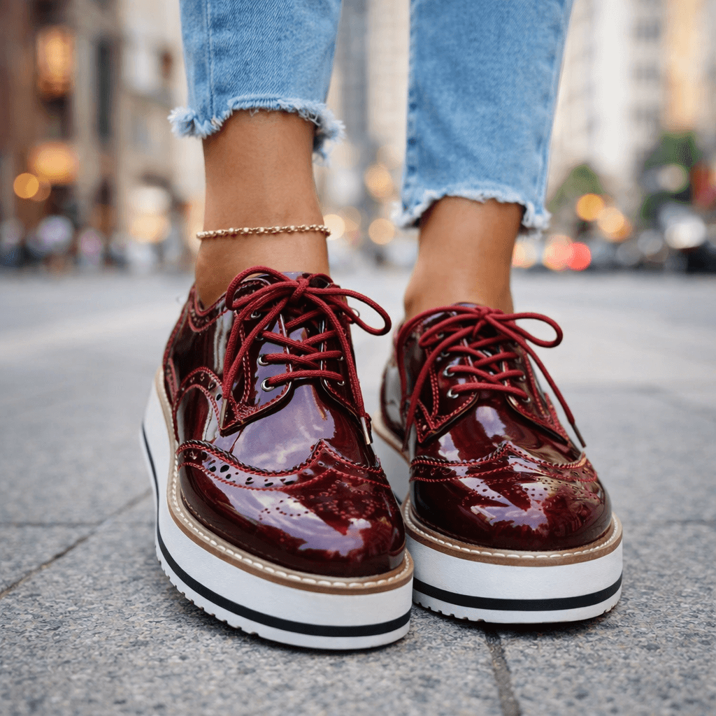 Wine Red leather brogue platform Heels