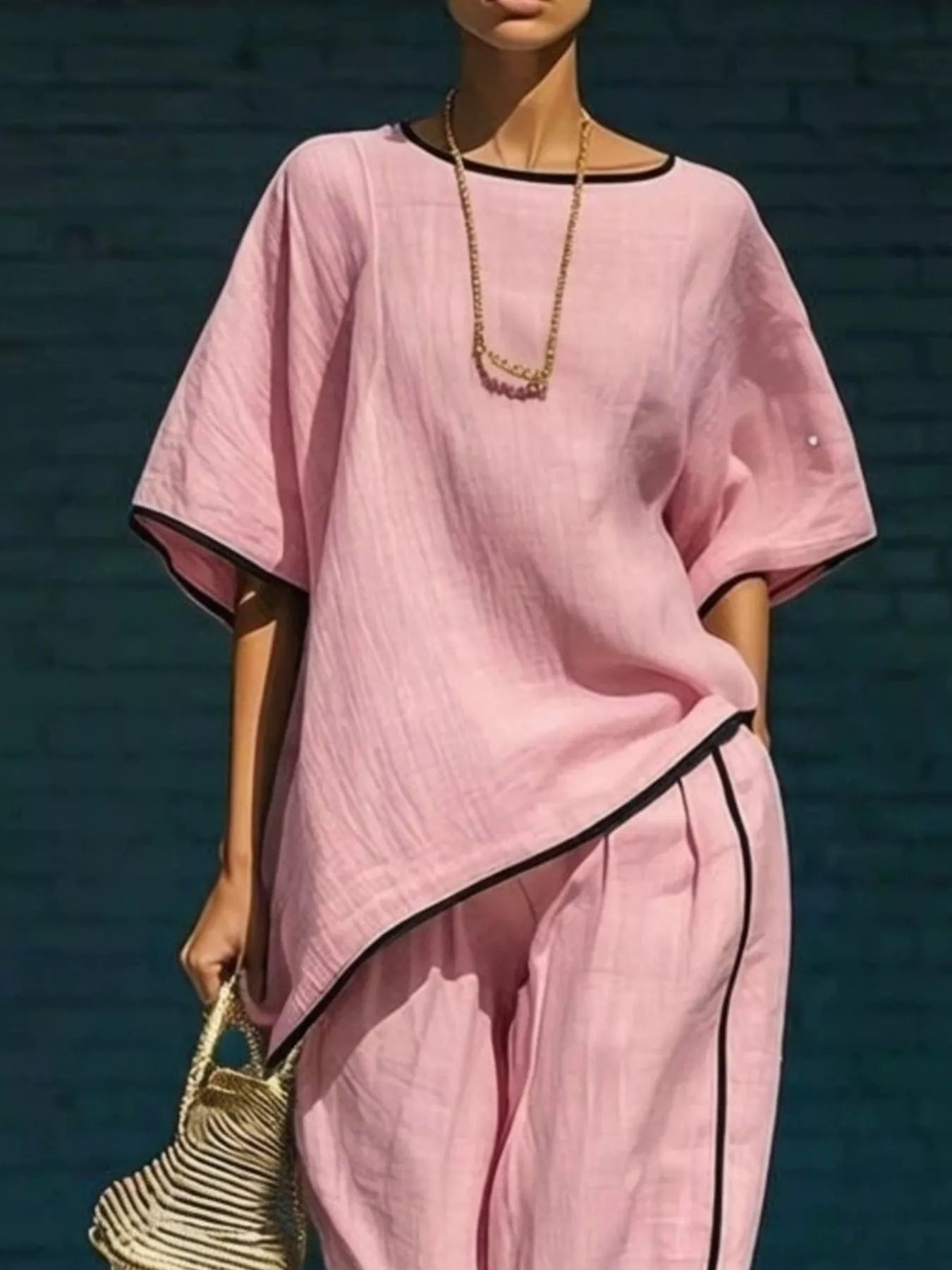 Contrast trim round neck top and trousers co-ord set