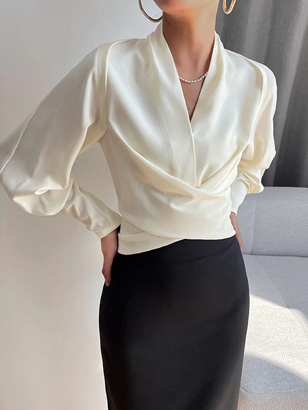 White Zip-Front V-Neck Blouse