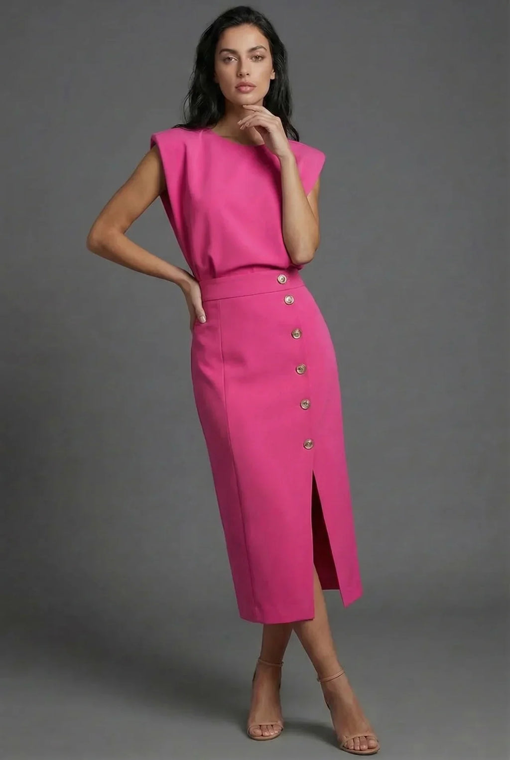 Shift Work Sleeveless Button Detail Midi Dress