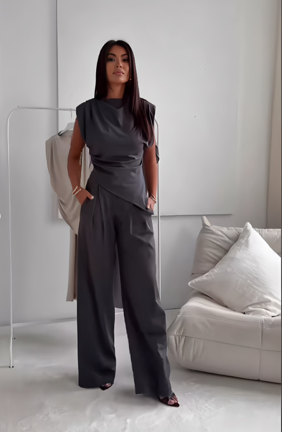Elegant Draped Two-Piece Set with Wide-Leg Pants