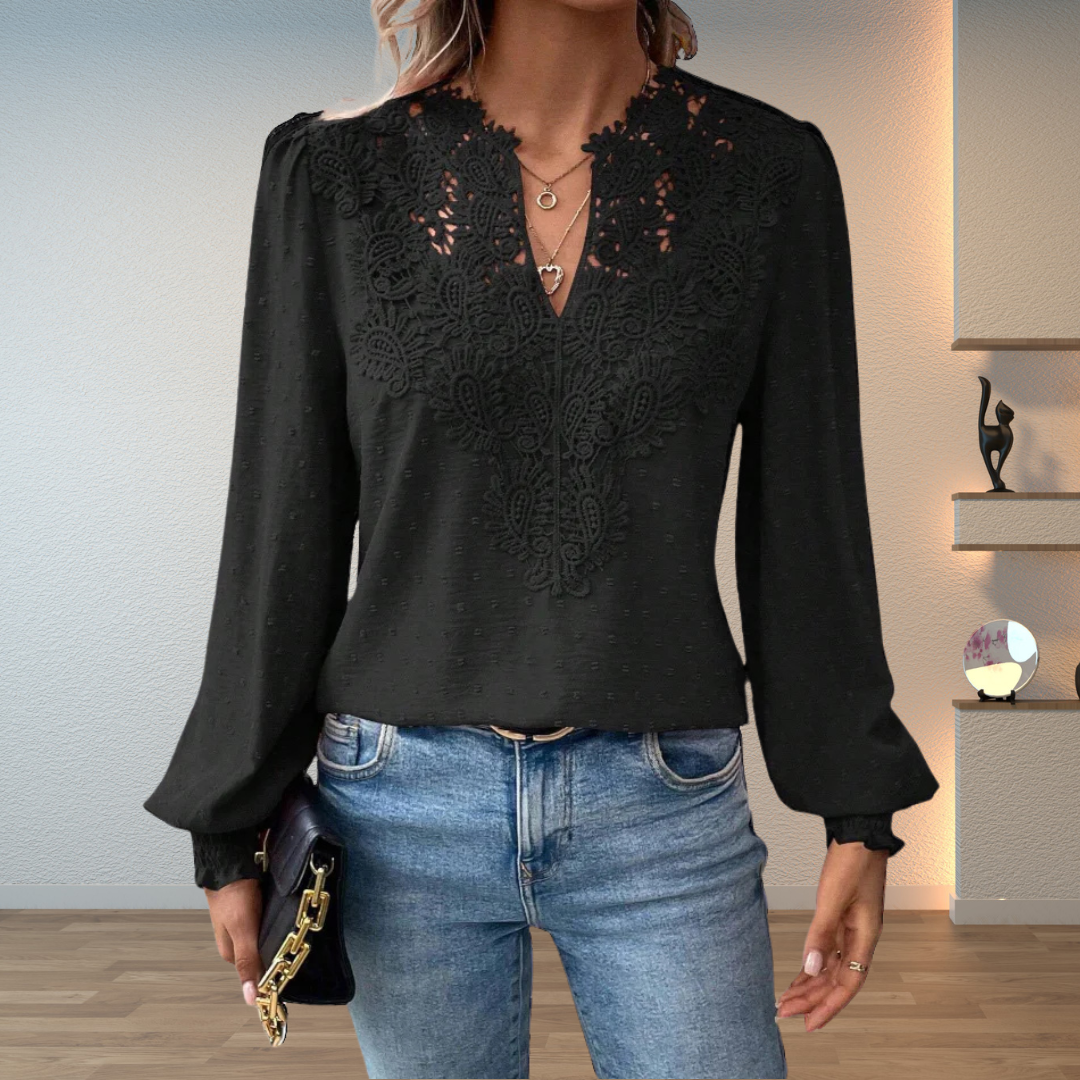 Black floral detail V neck long sleeve blouse, front view