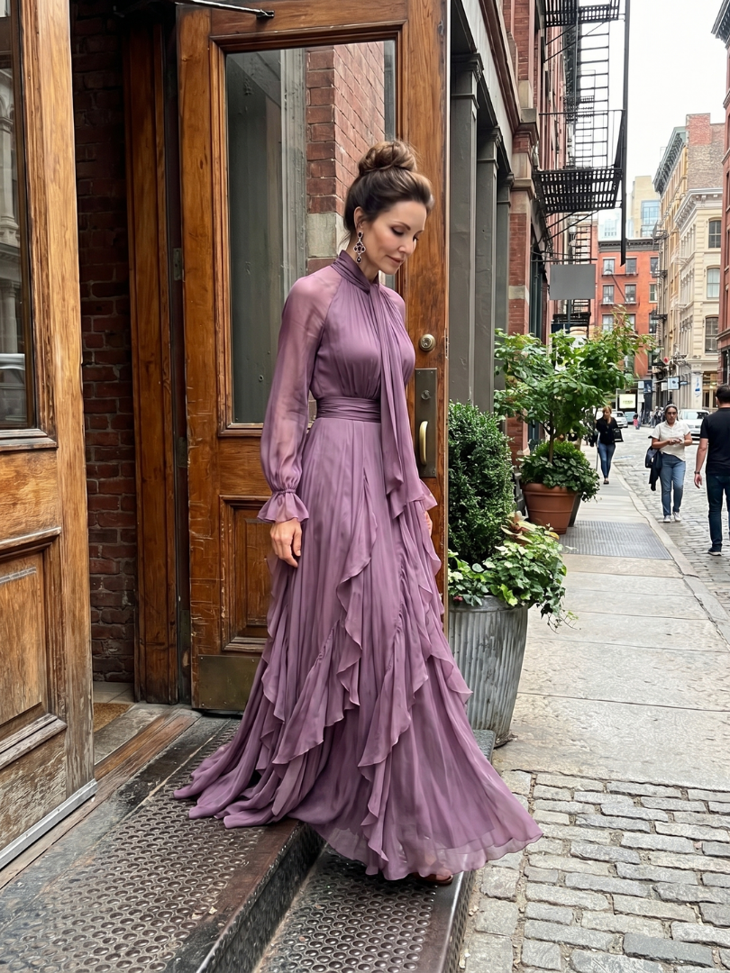 Demetria - Tie Neck Ruffle Tiered Maxi Dress