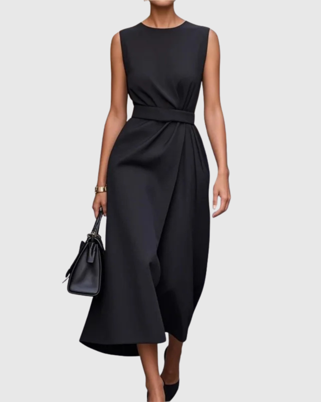 Dark Brown Round Neck Sleeveless Draped Midi Dress