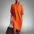 Orange High-Neck Button Collar Midi Dress, front view