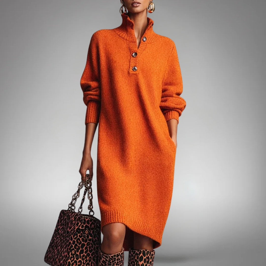 Orange High-Neck Button Collar Midi Dress, front view