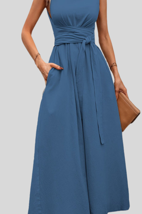 Casual Pleated Square-Neck Midi Dress