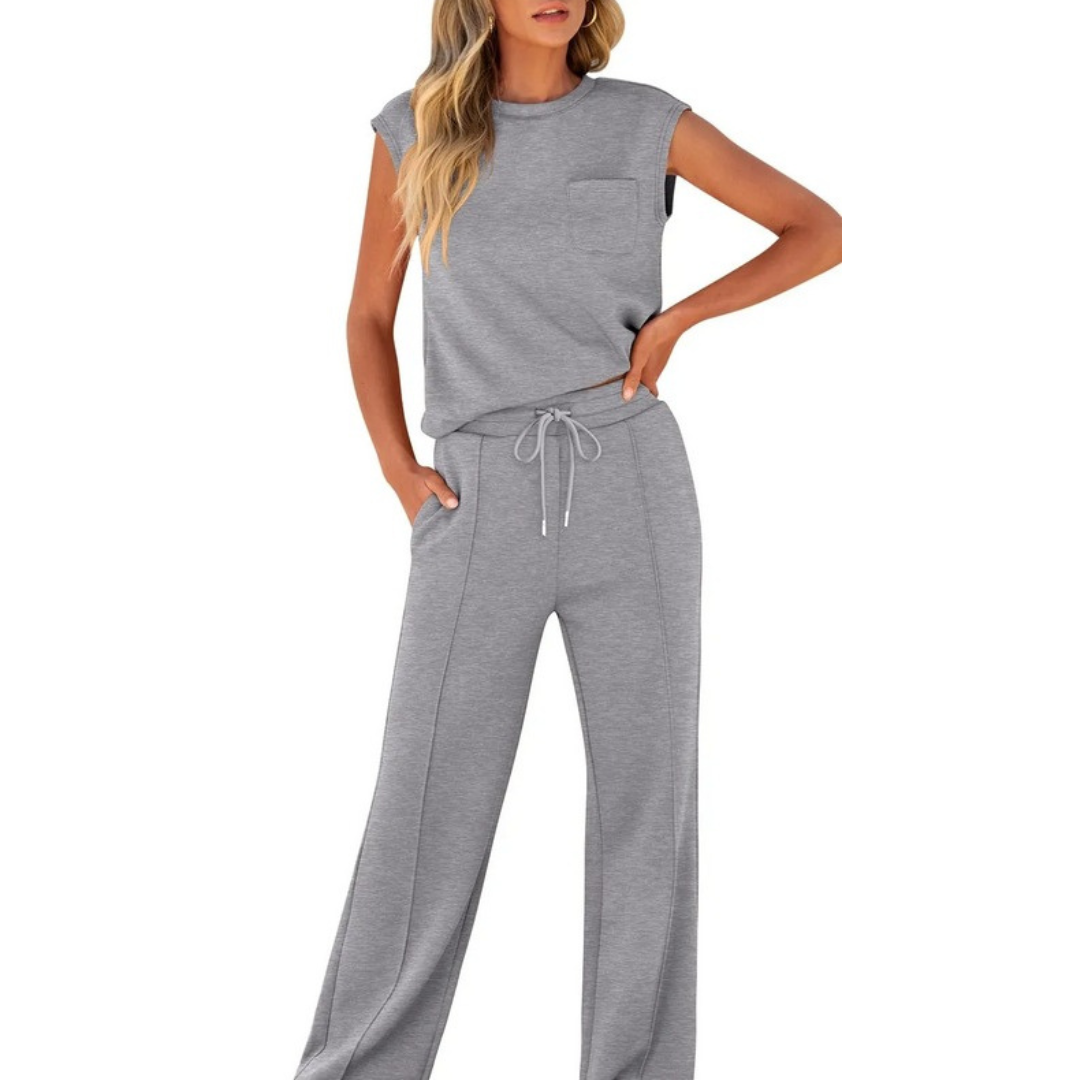 sleeveless round-neck top and trousers co-ord set