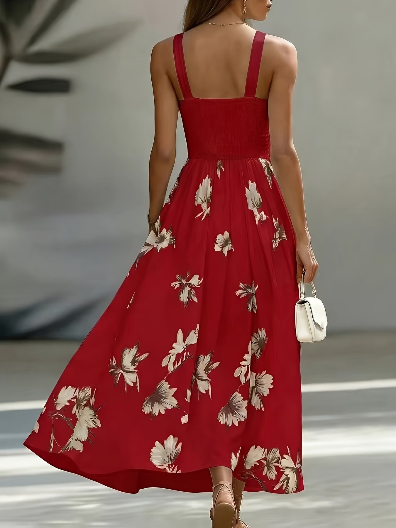 Red Shirred Geometric Print V-Neck Midi Dress