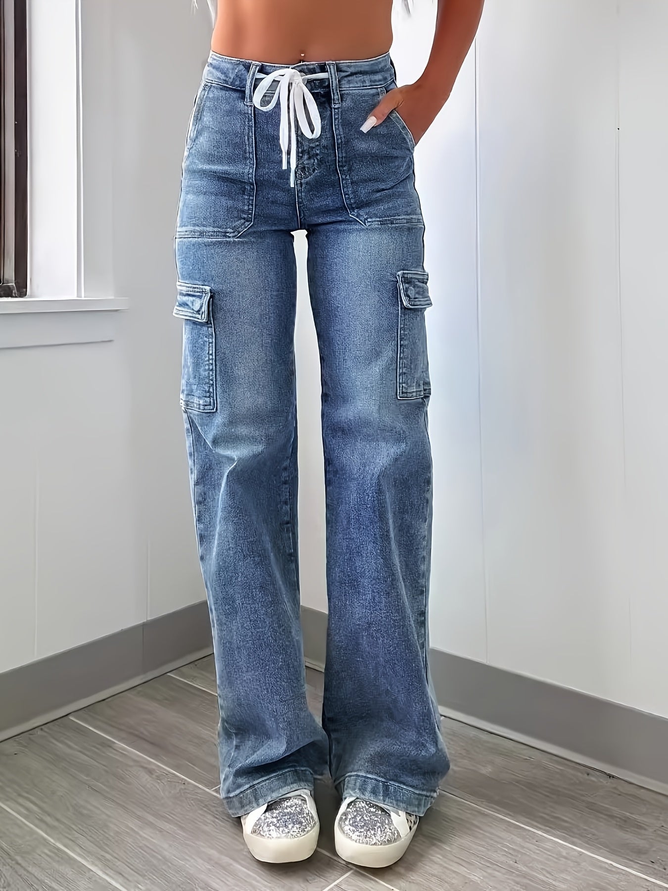 High-Waist Drawstring Cargo Jeans