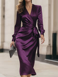 Purple Satin Wrap Midi Dress, front view