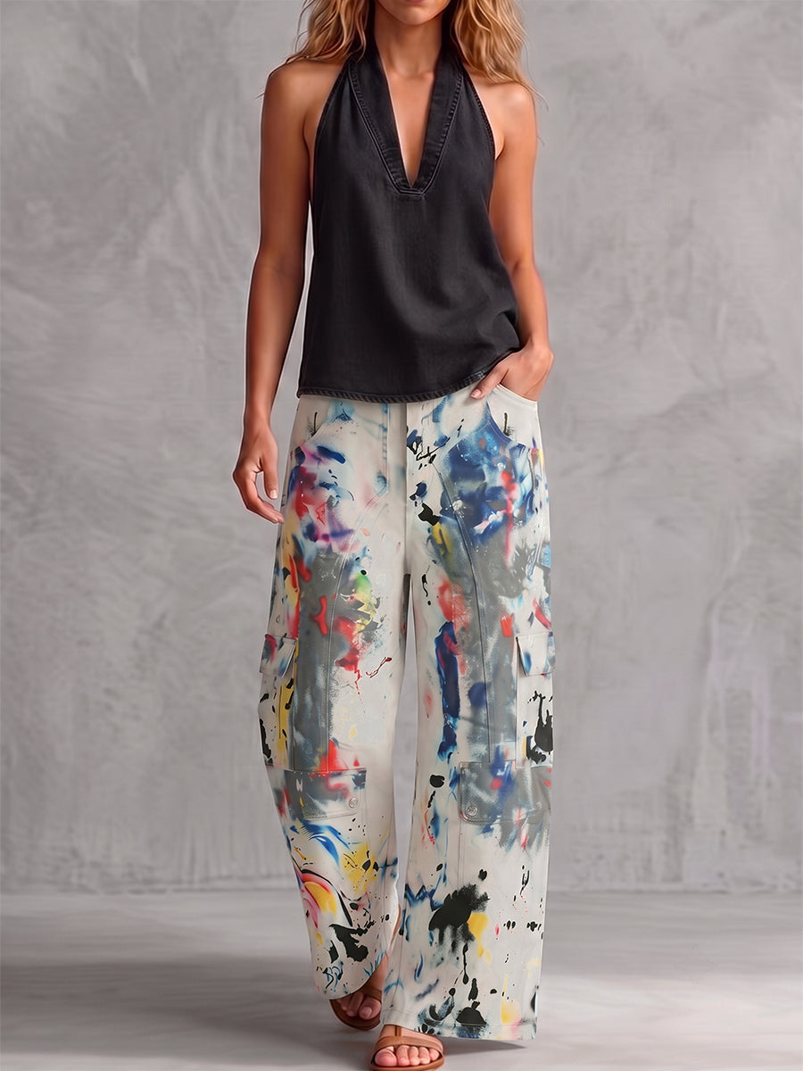 Light Grey Graffiti Print Wide-Leg High-Waisted Jeans, full-length front view