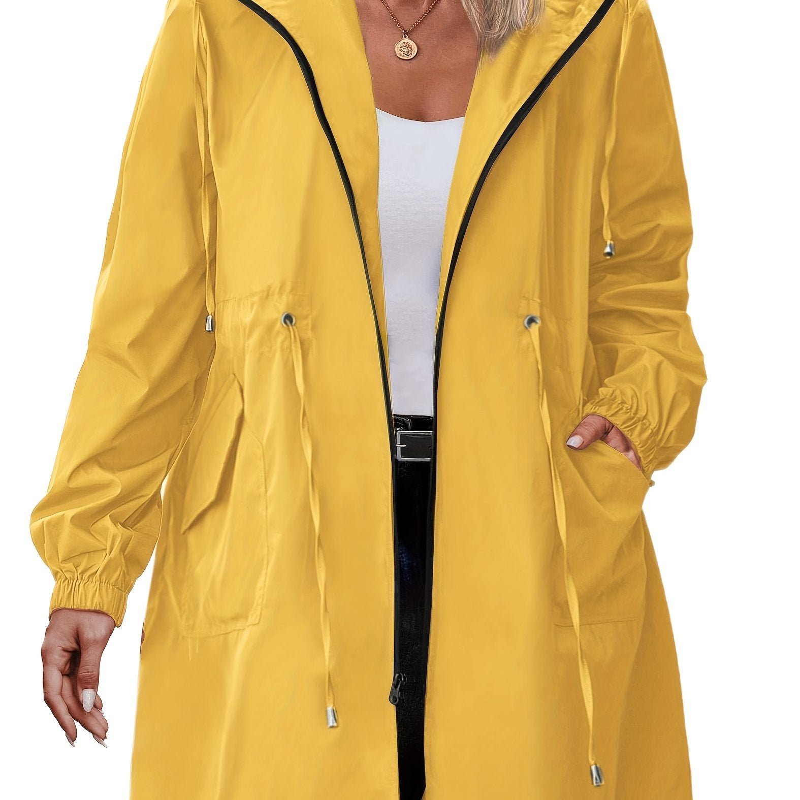 Yellow Hooded Full-Zip Drawstring Coat, detail view