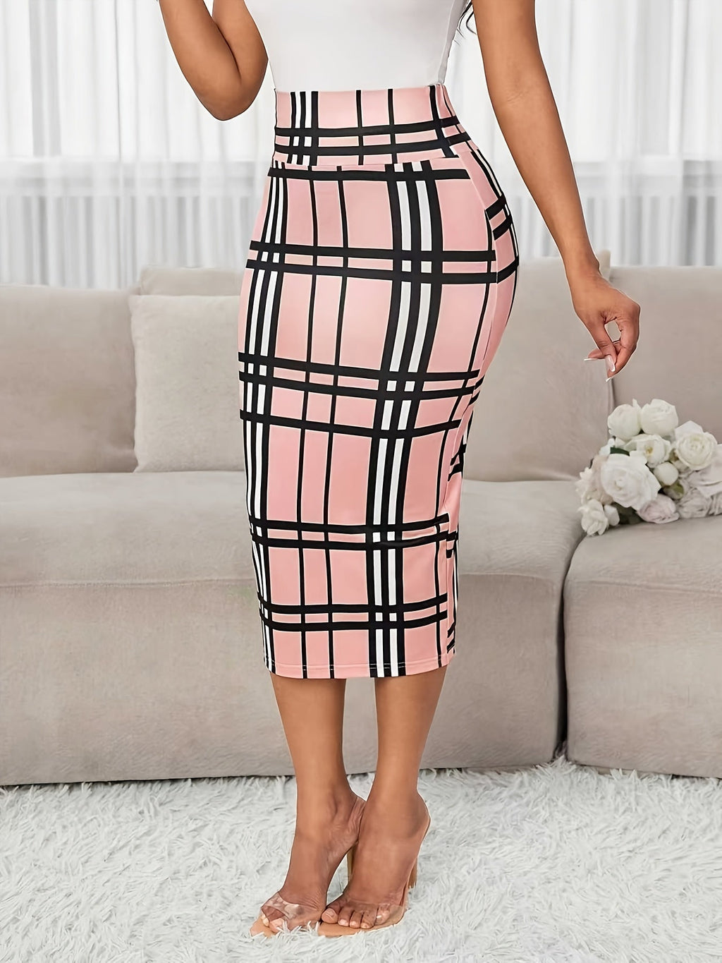White Plaid Pencil Skirt