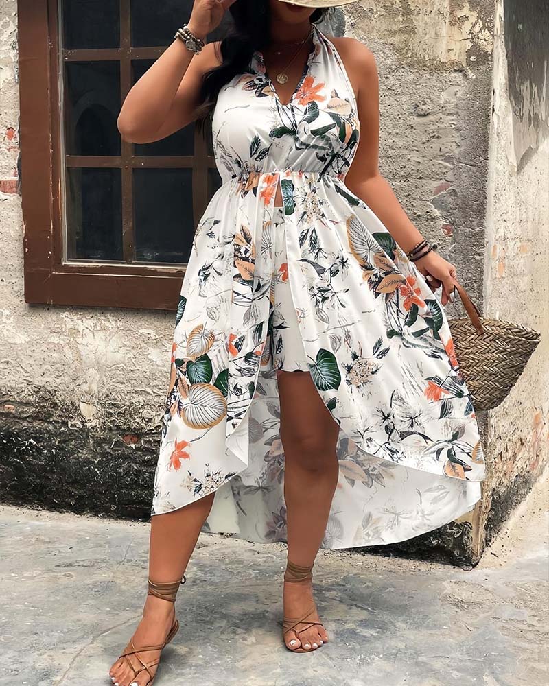 Multicolor printed halter neck mini dress and shorts set, front view