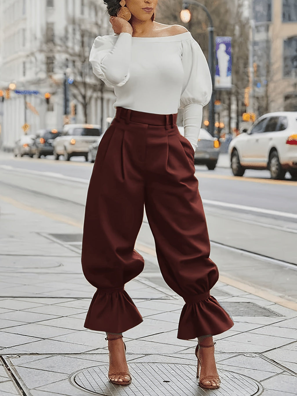 Fern Green ruffled-hem wide-leg Pants