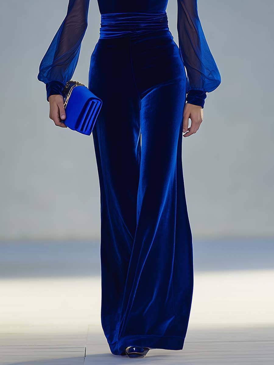 Velvet V-neck mesh-trim co-ord set
