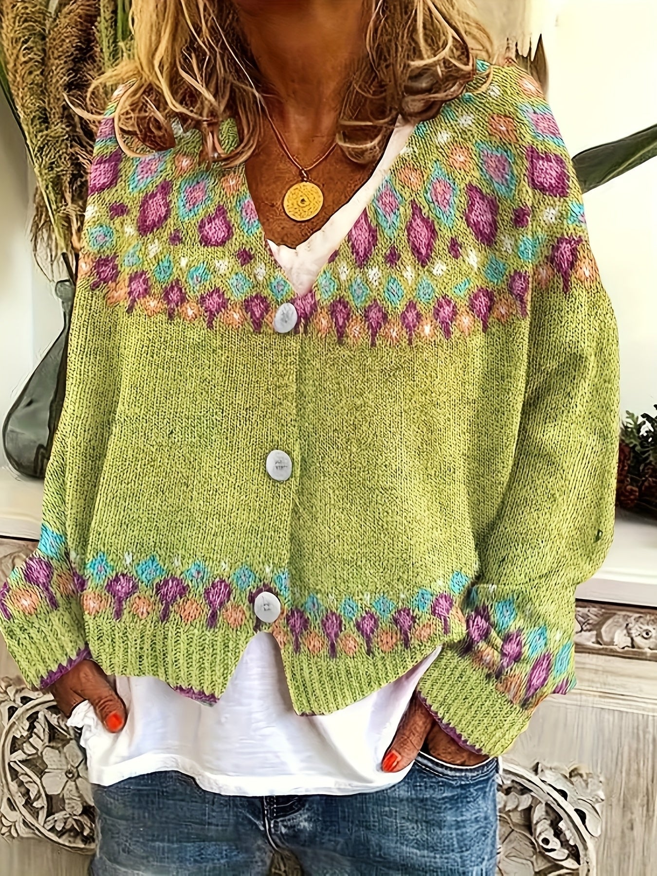 Green Nordic patterned cardigan