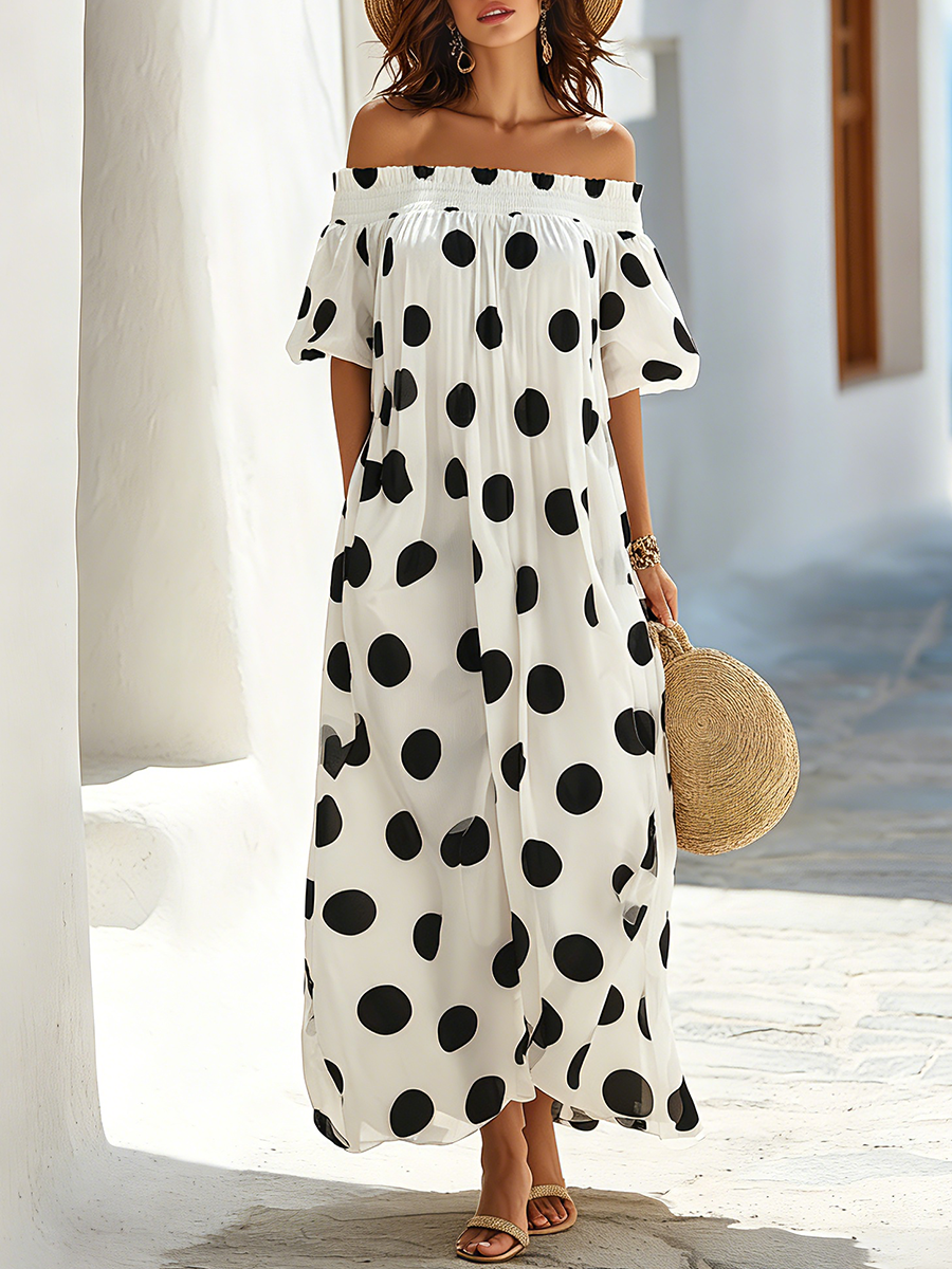 Resort Polka Dot Off-Shoulder Maxi Dress