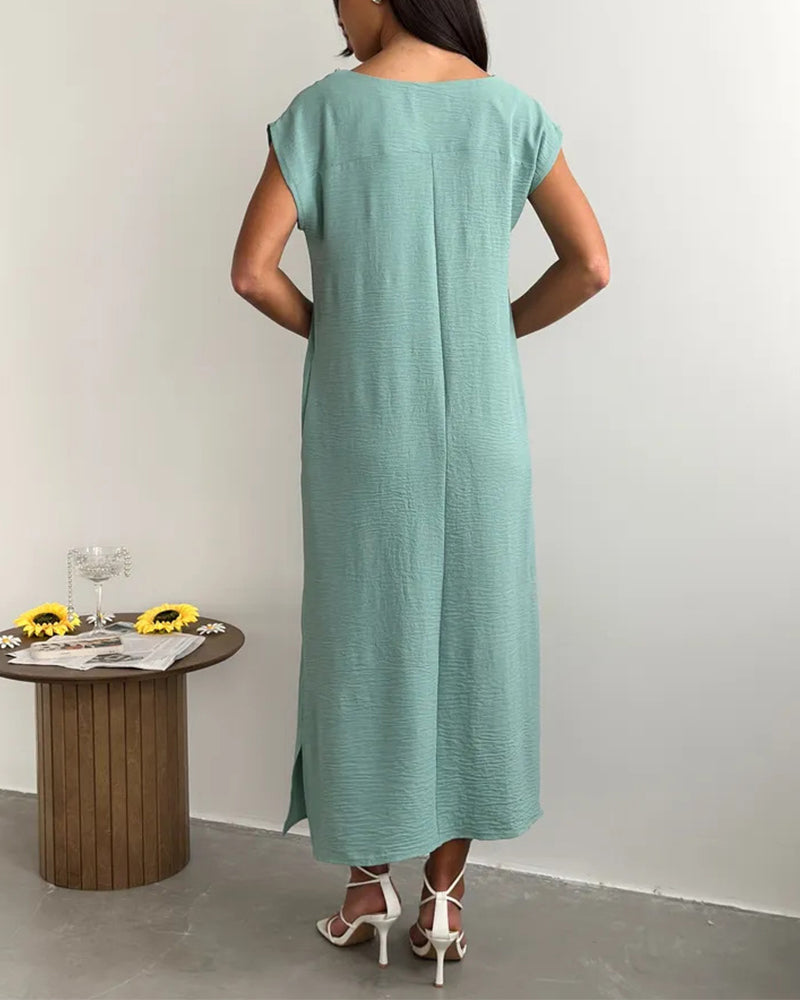 White solid short sleeve loose maxi dress, front view