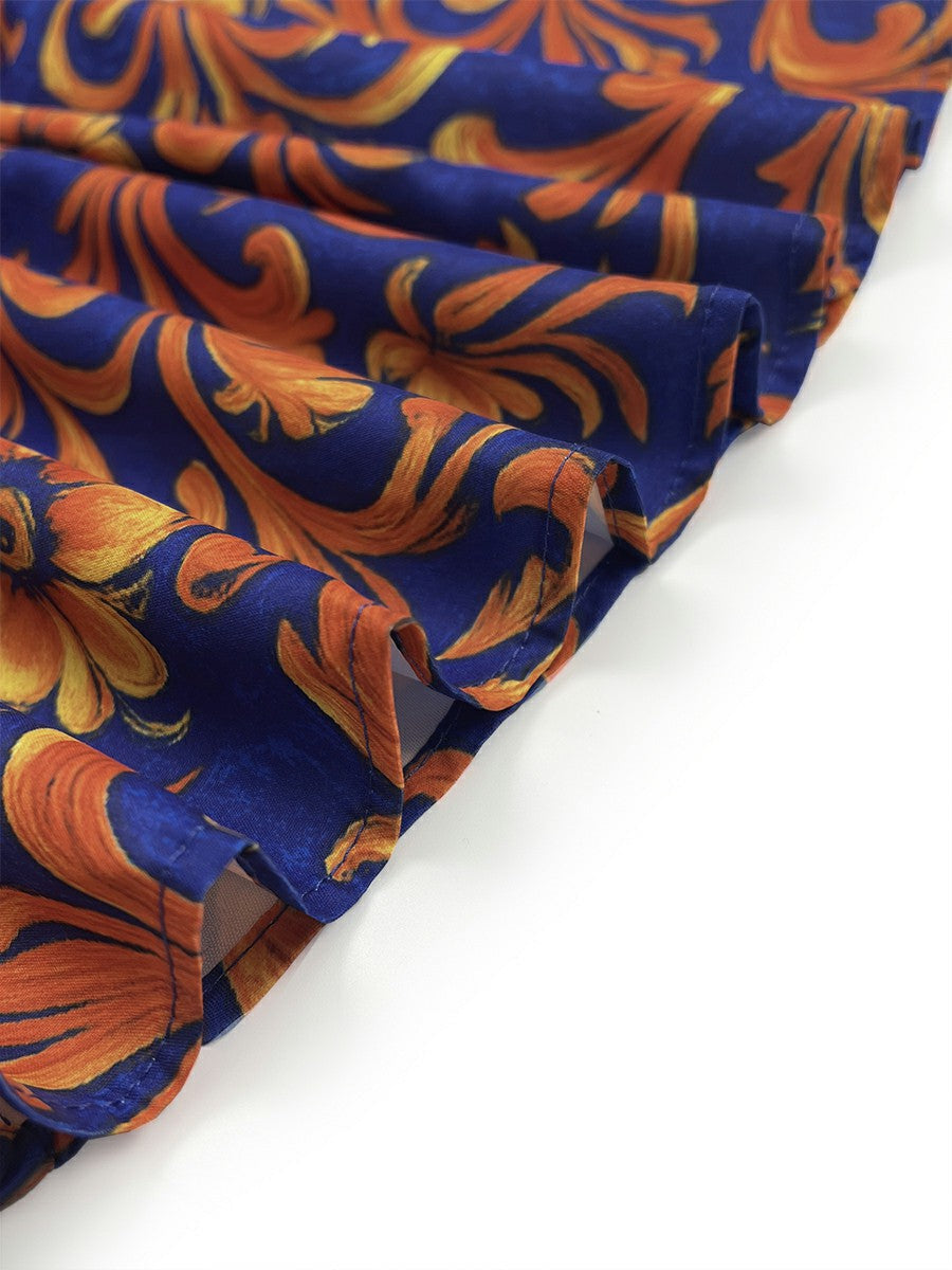 Blue Flower Print Lapel Blouse